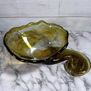 Hand‎ Blown Art Glass Bowl Brown Swirl Decorative Centerpiece